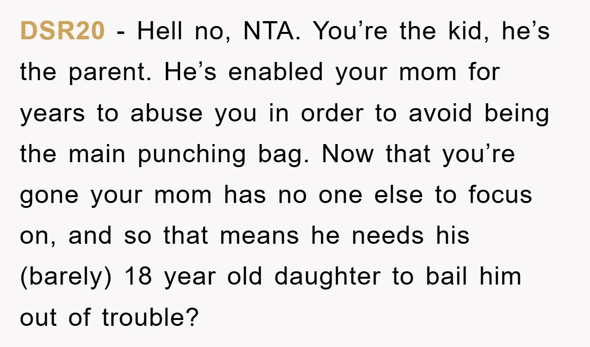 DSR20 − Hell no, NTA. You’re the kid, he’s the parent. He’s enabled your mom for years to abuse you in order to avoid being the main punching bag. Now...