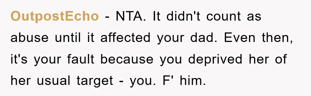OutpostEcho − NTA. It didn't count as abuse until it affected your dad. Even then, it's your fault because you deprived her of her usual target - you. F' him.
