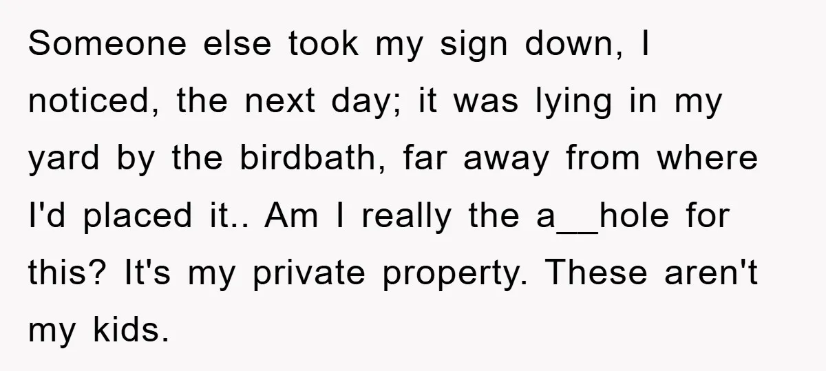 Someone else took my sign down, I noticed, the next day; it was lying in my yard by the birdbath, far away from where I'd placed it.. Am I really...