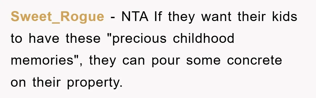 Sweet_Rogue − NTA If they want their kids to have these "precious childhood memories", they can pour some concrete on their property.