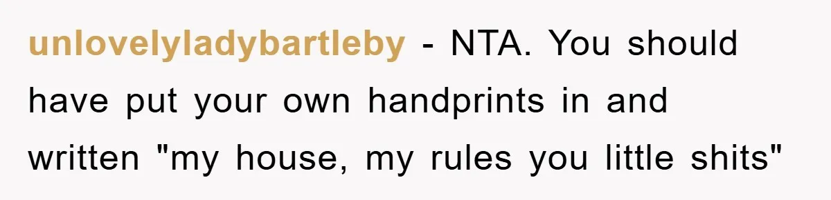 unlovelyladybartleby − NTA. You should have put your own handprints in and written "my house, my rules you little shits"