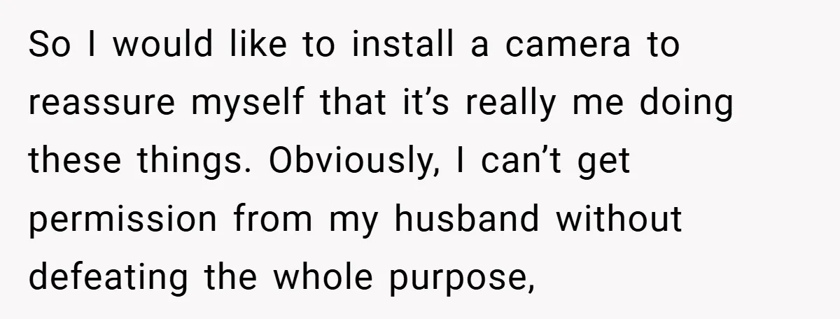 So I would like to install a camera to reassure myself that it’s really me doing these things. Obviously, I can’t get permission from my husband without defeating the whole...