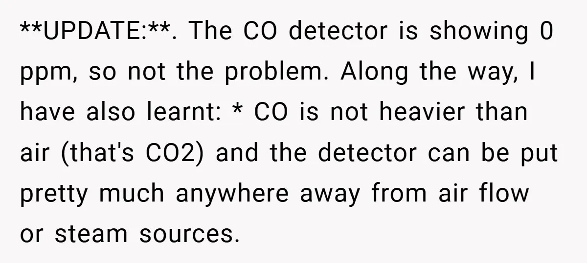 **UPDATE:**. The CO detector is showing 0 ppm, so not the problem. Along the way, I have also learnt: * CO is not heavier than air (that's CO2) and the...