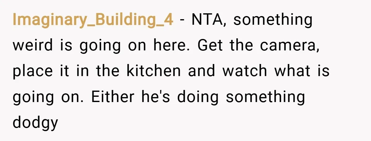 Imaginary_Building_4 − NTA, something weird is going on here. Get the camera, place it in the kitchen and watch what is going on. Either he's doing something dodgy