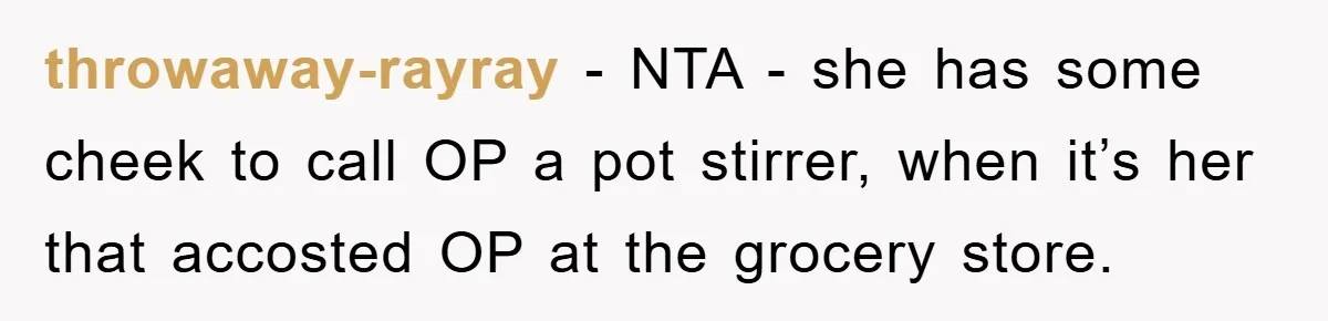 throwaway-rayray − NTA - she has some cheek to call OP a pot stirrer, when it’s her that accosted OP at the grocery store.