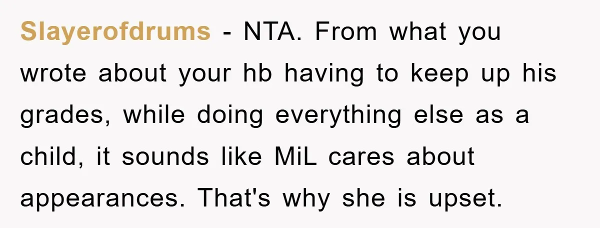 Slayerofdrums − NTA. From what you wrote about your hb having to keep up his grades, while doing everything else as a child, it sounds like MiL cares about appearances....