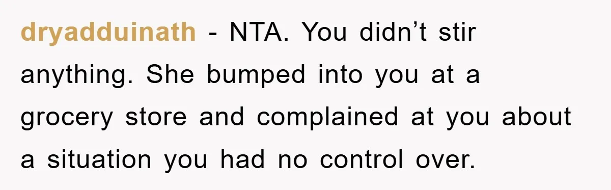 dryadduinath − NTA. You didn’t stir anything. She bumped into you at a grocery store and complained at you about a situation you had no control over.
