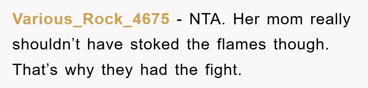 Various_Rock_4675 − NTA. Her mom really shouldn’t have stoked the flames though. That’s why they had the fight.