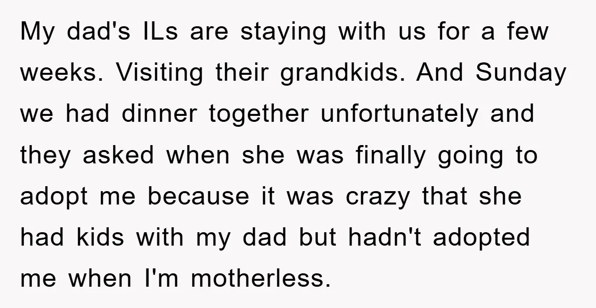 My dad's ILs are staying with us for a few weeks. Visiting their grandkids. And Sunday we had dinner together unfortunately and they asked when she was finally going to...