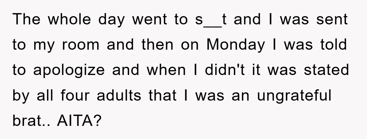 The whole day went to s__t and I was sent to my room and then on Monday I was told to apologize and when I didn't it was stated by...