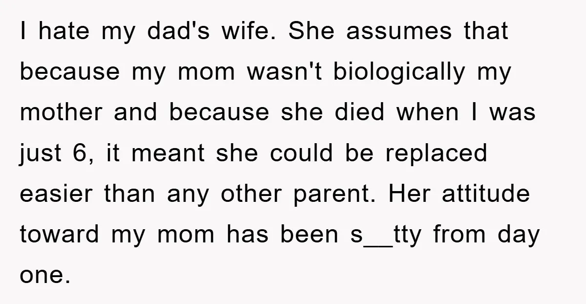 I hate my dad's wife. She assumes that because my mom wasn't biologically my mother and because she died when I was just 6, it meant she could be replaced...