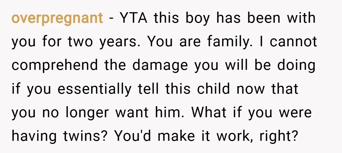 overpregnant − YTA this boy has been with you for two years. You are family. I cannot comprehend the damage you will be doing if you essentially tell this child...