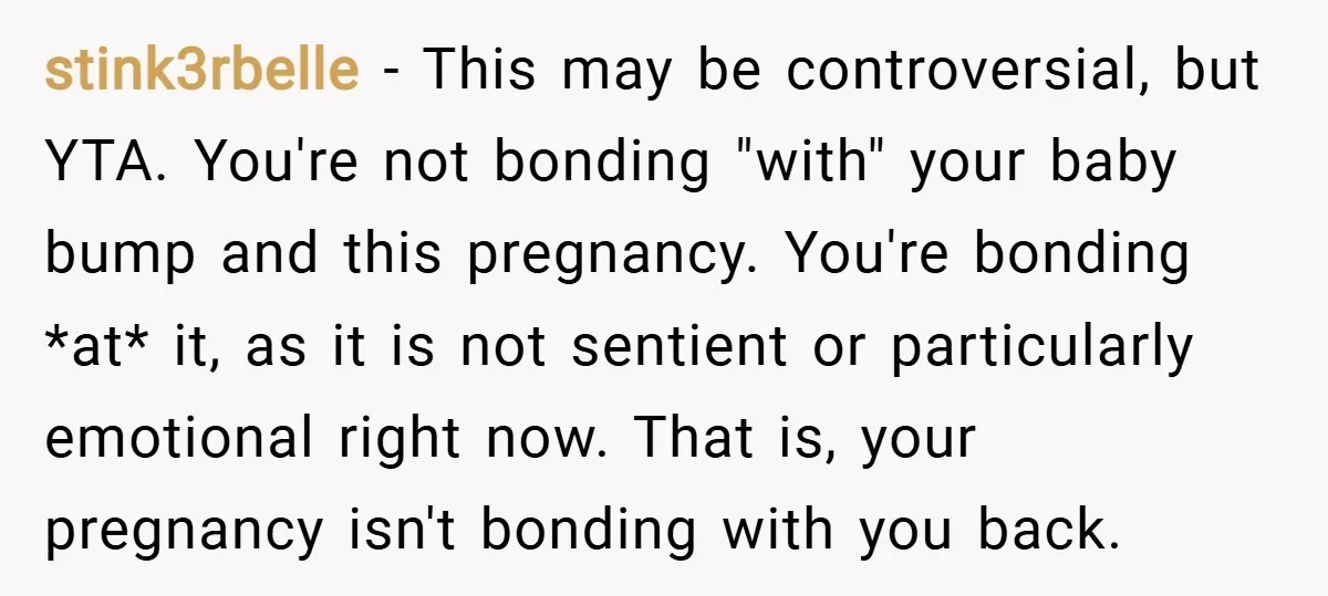 stink3rbelle − This may be controversial, but YTA. You're not bonding "with" your baby bump and this pregnancy. You're bonding *at* it, as it is not sentient or particularly emotional...