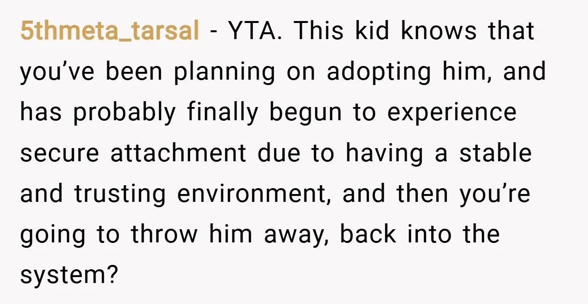 5thmeta_tarsal − YTA. This kid knows that you’ve been planning on adopting him, and has probably finally begun to experience secure attachment due to having a stable and trusting environment,...