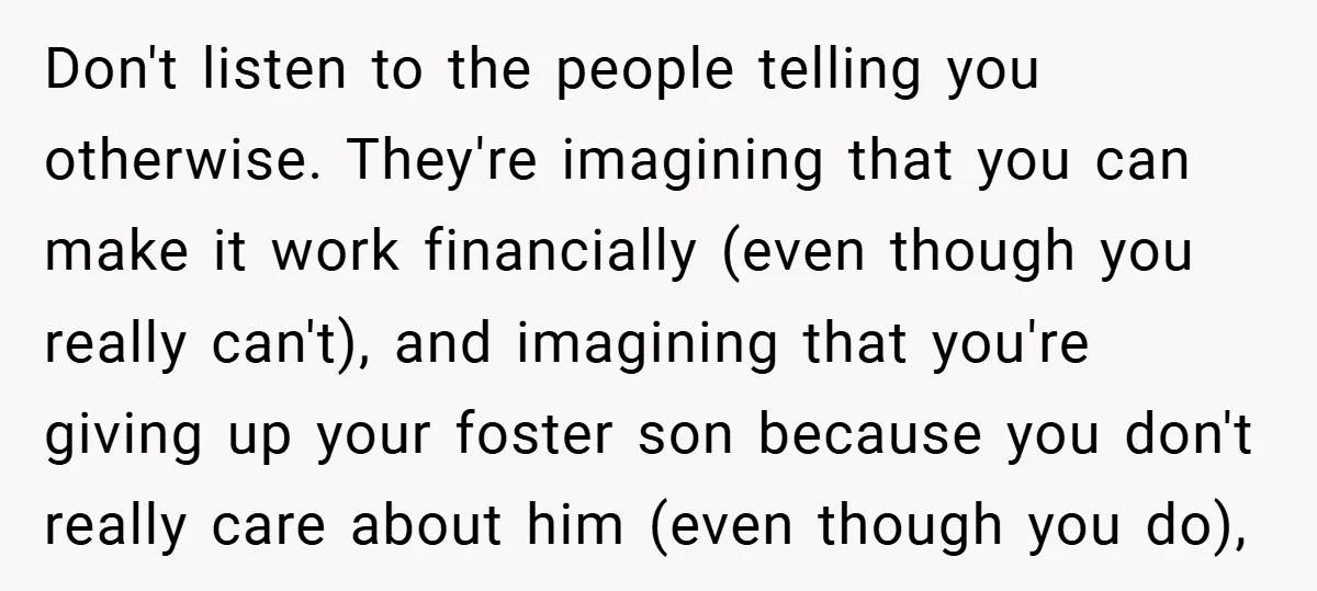 Don't listen to the people telling you otherwise. They're imagining that you can make it work financially (even though you really can't), and imagining that you're giving up your foster...