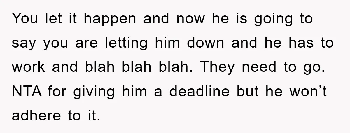 You let it happen and now he is going to say you are letting him down and he has to work and blah blah blah. They need to go. NTA...