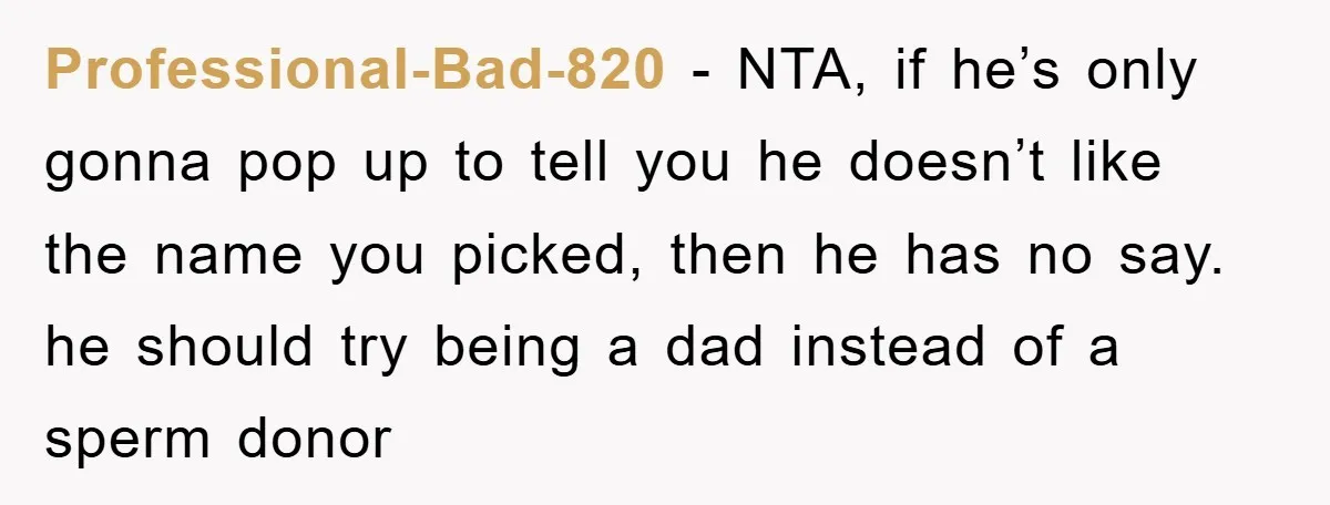 Professional-Bad-820 − NTA, if he’s only gonna pop up to tell you he doesn’t like the name you picked, then he has no say. he should try being a dad...