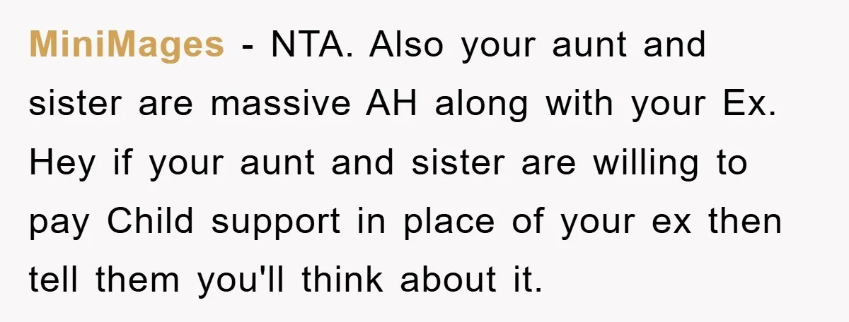 MiniMages − NTA. Also your aunt and sister are massive AH along with your Ex. Hey if your aunt and sister are willing to pay Child support in place of...