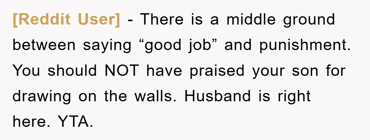 [Reddit User] − There is a middle ground between saying “good job” and punishment. You should NOT have praised your son for drawing on the walls. Husband is right here....