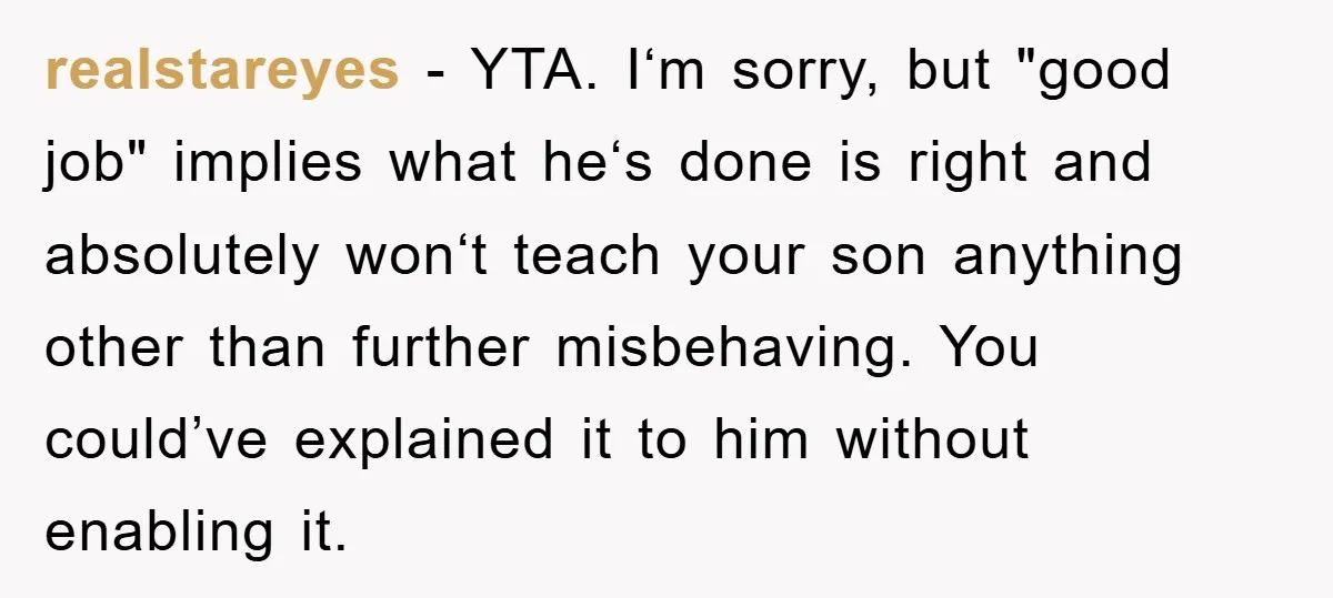realstareyes − YTA. I‘m sorry, but "good job" implies what he‘s done is right and absolutely won‘t teach your son anything other than further misbehaving. You could’ve explained it to...