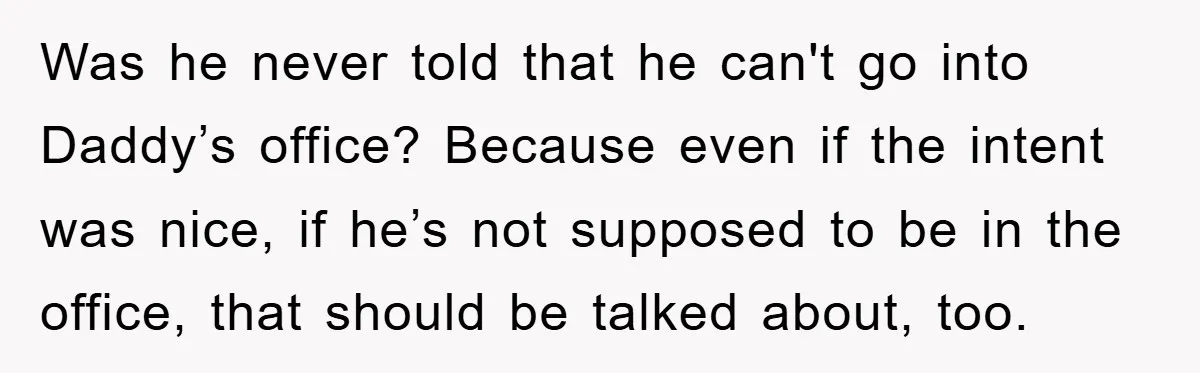 Was he never told that he can't go into Daddy’s office? Because even if the intent was nice, if he’s not supposed to be in the office, that should be...