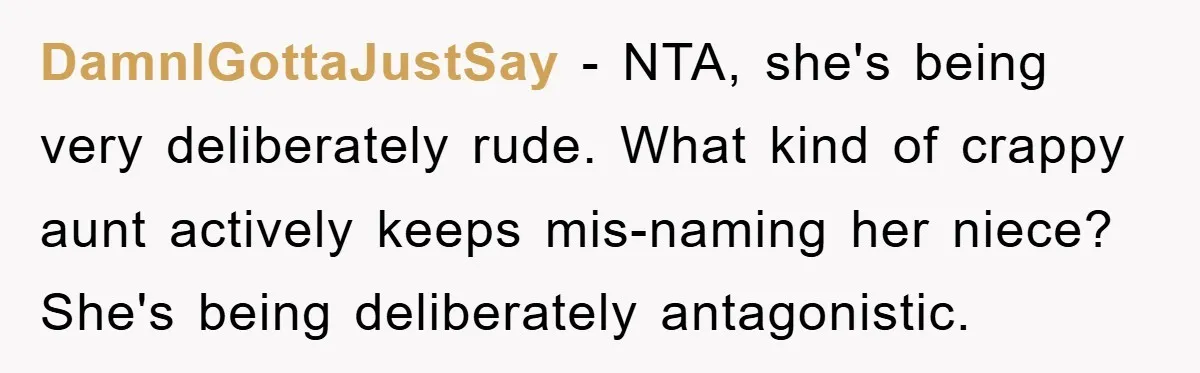 DamnIGottaJustSay − NTA, she's being very deliberately rude. What kind of crappy aunt actively keeps mis-naming her niece? She's being deliberately antagonistic.