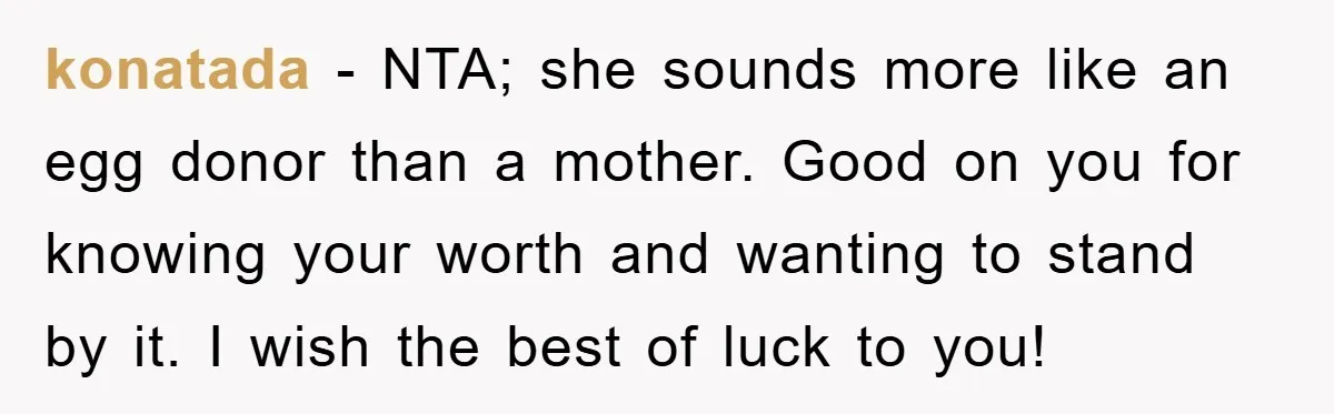 konatada − NTA; she sounds more like an egg donor than a mother. Good on you for knowing your worth and wanting to stand by it. I wish the best...