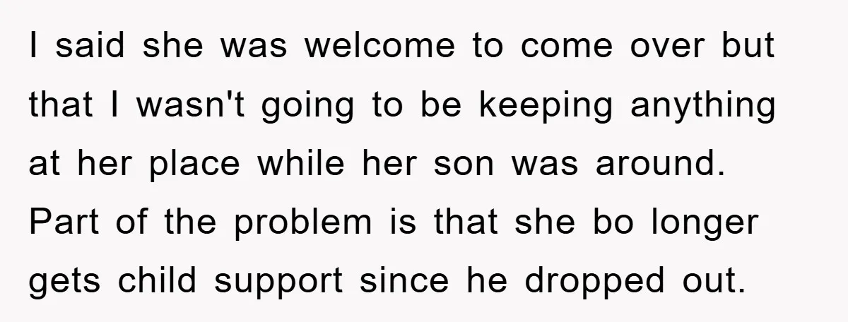 I said she was welcome to come over but that I wasn't going to be keeping anything at her place while her son was around. Part of the problem is...