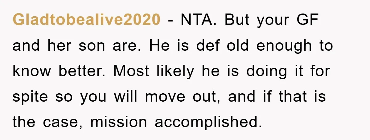 Gladtobealive2020 − NTA. But your GF and her son are. He is def old enough to know better. Most likely he is doing it for spite so you will move...