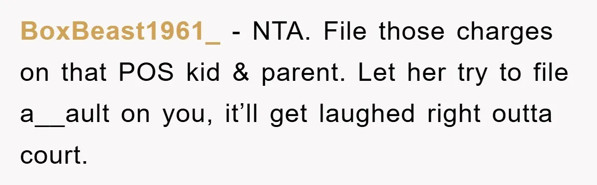 BoxBeast1961_ − NTA. File those charges on that POS kid & parent. Let her try to file a__ault on you, it’ll get laughed right outta court.