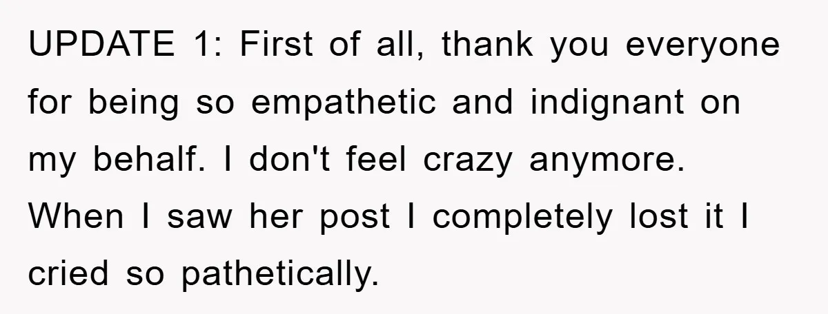 UPDATE 1: First of all, thank you everyone for being so empathetic and indignant on my behalf. I don't feel crazy anymore. When I saw her post I completely lost...