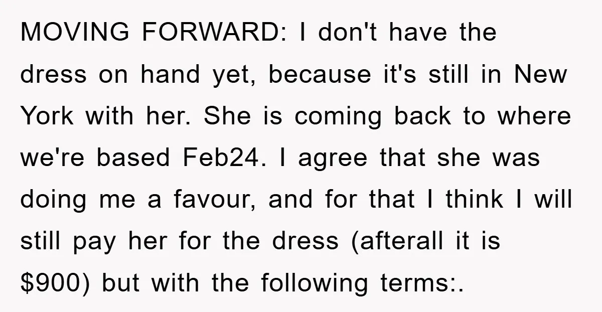 MOVING FORWARD: I don't have the dress on hand yet, because it's still in New York with her. She is coming back to where we're based Feb24. I agree that...