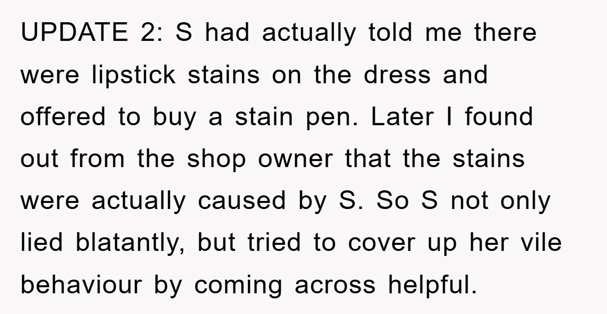 UPDATE 2: S had actually told me there were lipstick stains on the dress and offered to buy a stain pen. Later I found out from the shop owner that...