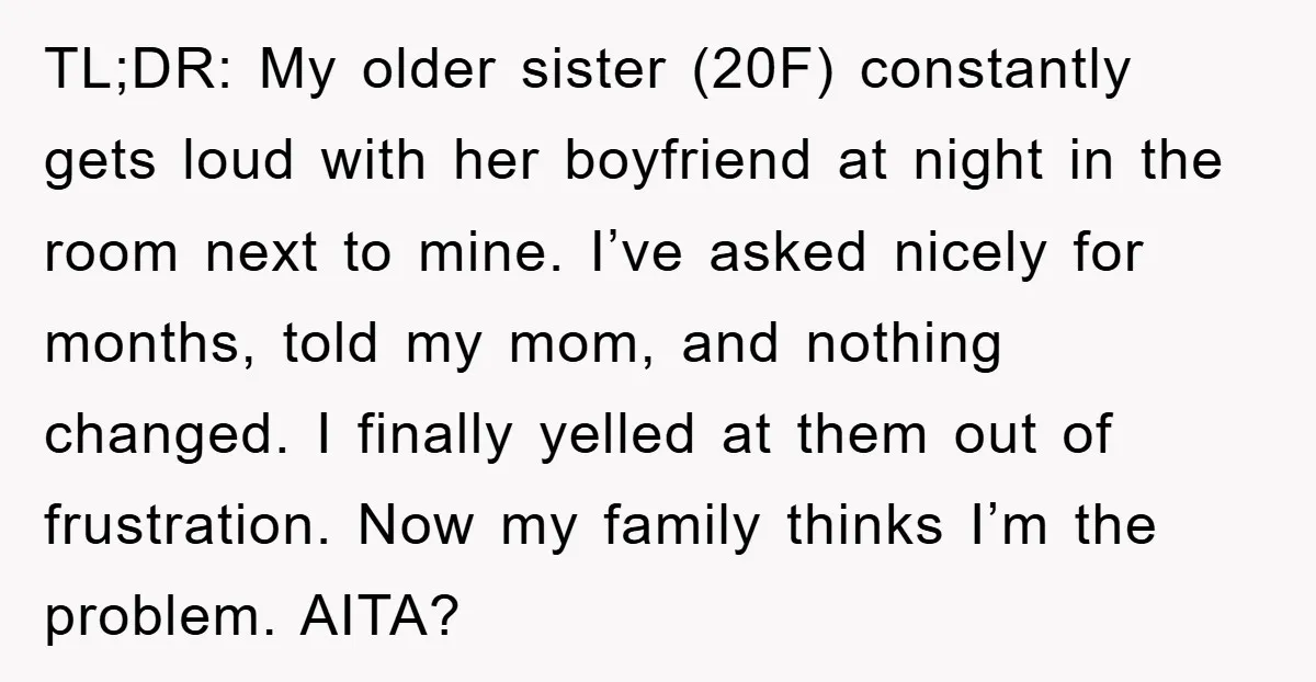 TL;DR: My older sister (20F) constantly gets loud with her boyfriend at night in the room next to mine. I’ve asked nicely for months, told my mom, and nothing changed....