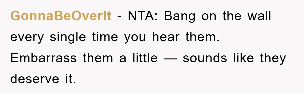 GonnaBeOverIt - NTA: Bang on the wall every single time you hear them. Embarrass them a little — sounds like they deserve it.