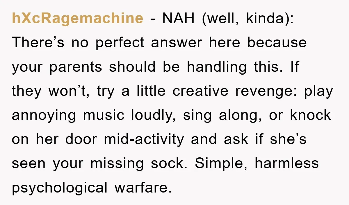 hXcRagemachine - NAH (well, kinda): There’s no perfect answer here because your parents should be handling this. If they won’t, try a little creative revenge: play annoying music loudly, sing...