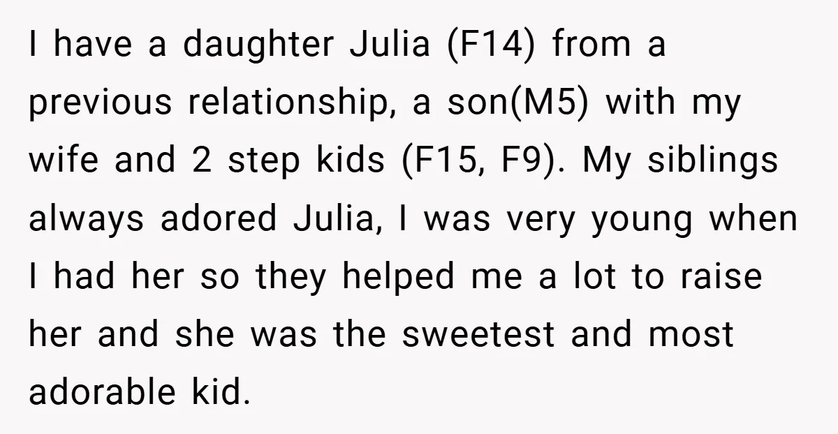 I have a daughter Julia (F14) from a previous relationship, a son(M5) with my wife and 2 step kids (F15, F9). My siblings always adored Julia, I was very young...