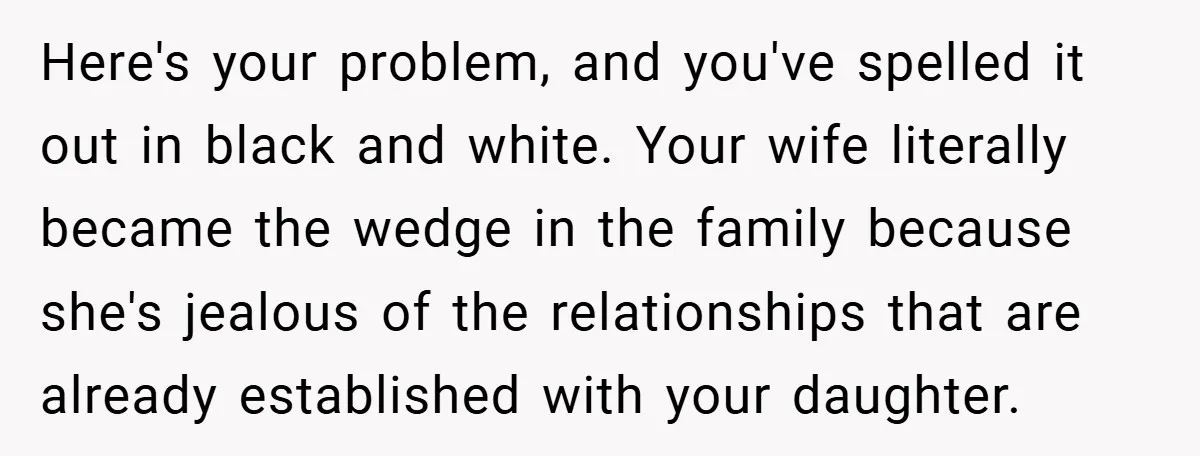 Here's your problem, and you've spelled it out in black and white. Your wife literally became the wedge in the family because she's jealous of the relationships that are already...