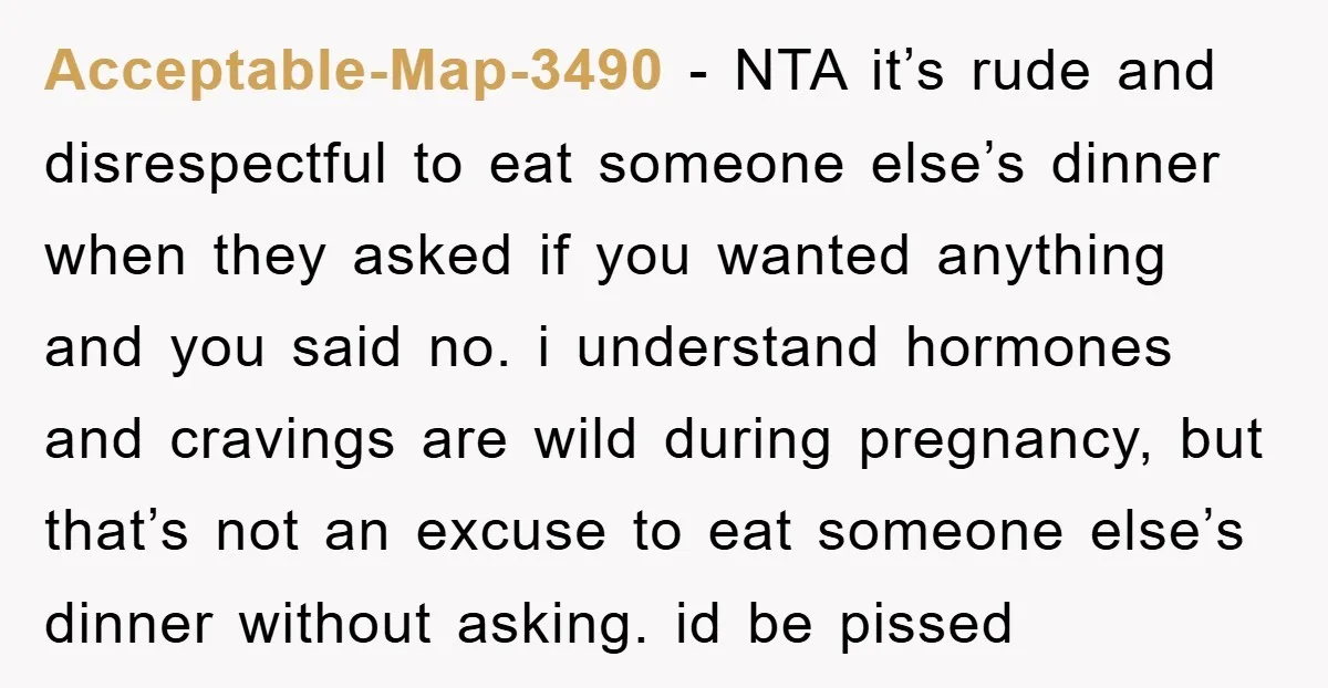Acceptable-Map-3490 − NTA it’s rude and disrespectful to eat someone else’s dinner when they asked if you wanted anything and you said no. i understand hormones and cravings are wild...
