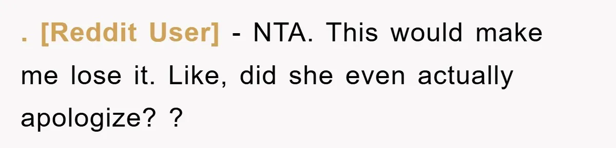 . [Reddit User] − NTA. This would make me lose it. Like, did she even actually apologize? ?