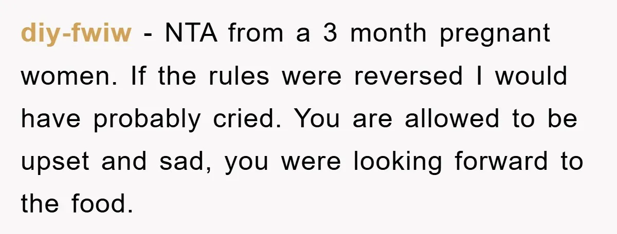diy-fwiw − NTA from a 3 month pregnant women. If the rules were reversed I would have probably cried. You are allowed to be upset and sad, you were looking...