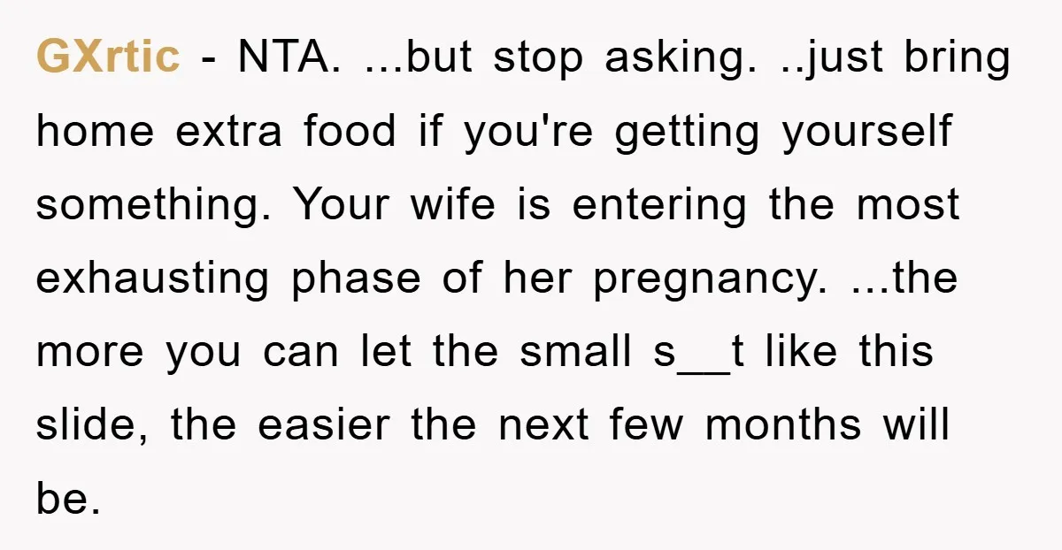 GXrtic − NTA. ...but stop asking. ..just bring home extra food if you're getting yourself something. Your wife is entering the most exhausting phase of her pregnancy. ...the more you...