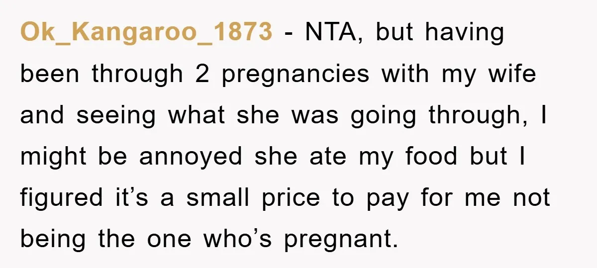 Ok_Kangaroo_1873 − NTA, but having been through 2 pregnancies with my wife and seeing what she was going through, I might be annoyed she ate my food but I figured...