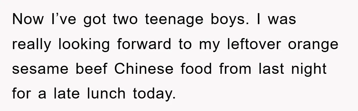 Now I’ve got two teenage boys. I was really looking forward to my leftover orange sesame beef Chinese food from last night for a late lunch today.