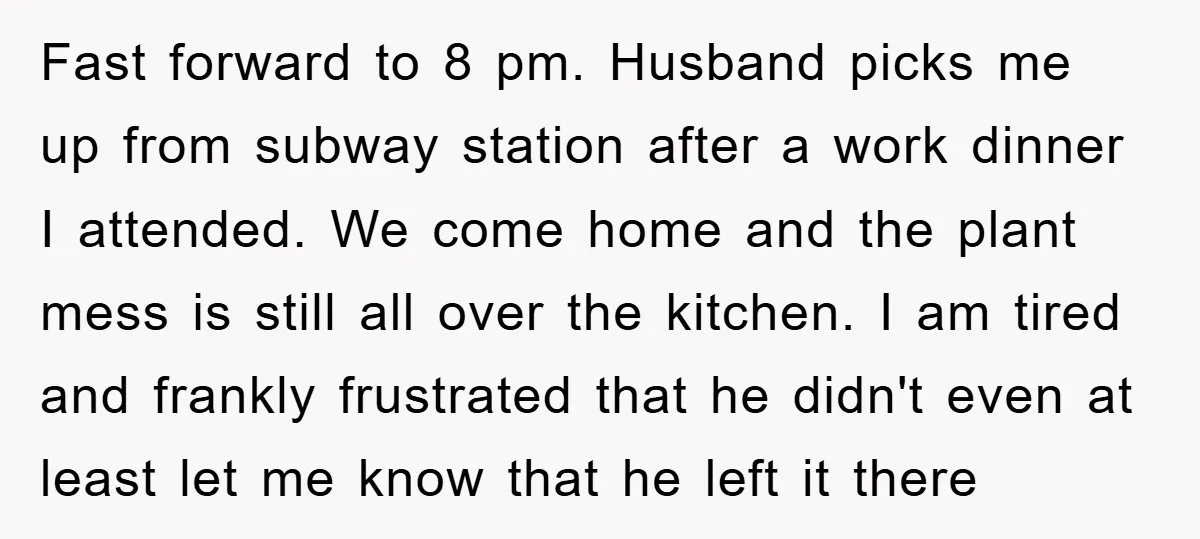 Fast forward to 8 pm. Husband picks me up from subway station after a work dinner I attended. We come home and the plant mess is still all over the...