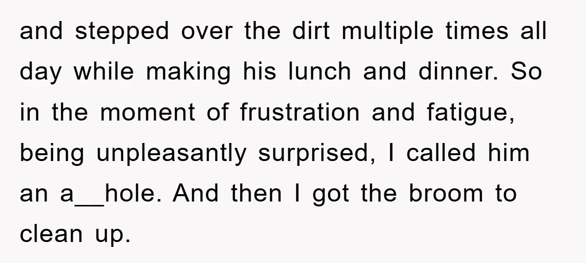 and stepped over the dirt multiple times all day while making his lunch and dinner. So in the moment of frustration and fatigue, being unpleasantly surprised, I called him an...