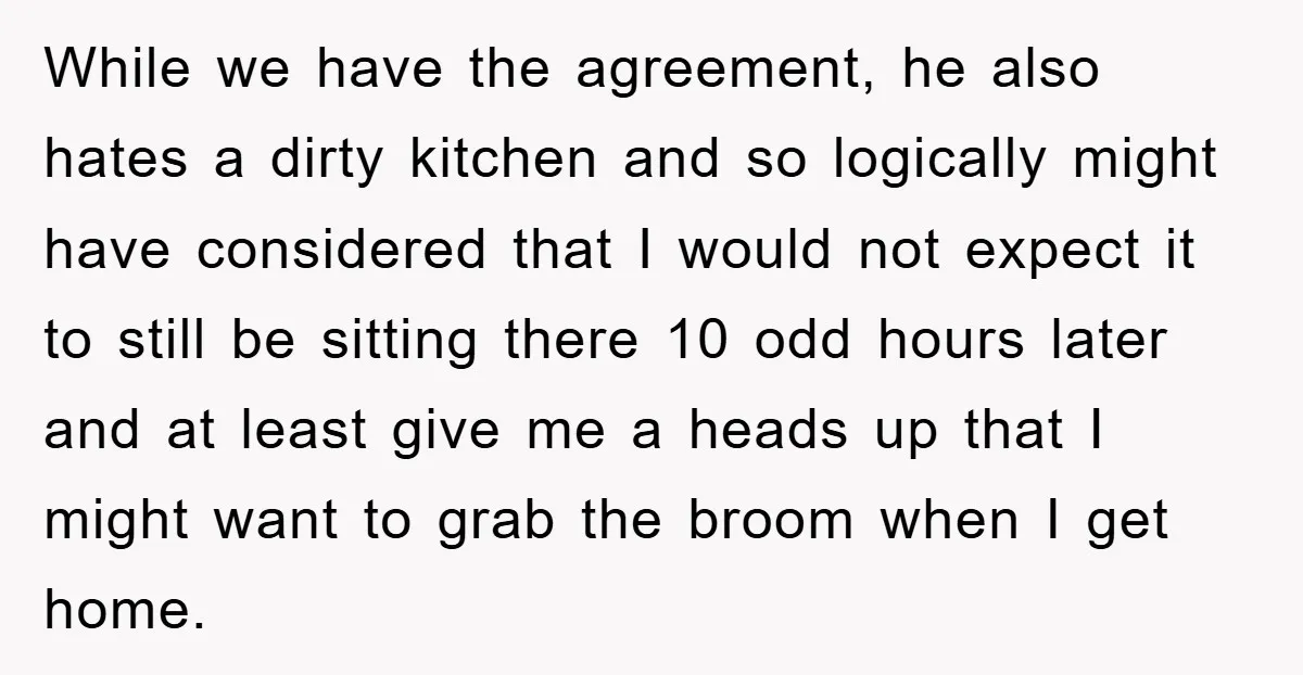 While we have the agreement, he also hates a dirty kitchen and so logically might have considered that I would not expect it to still be sitting there 10 odd...