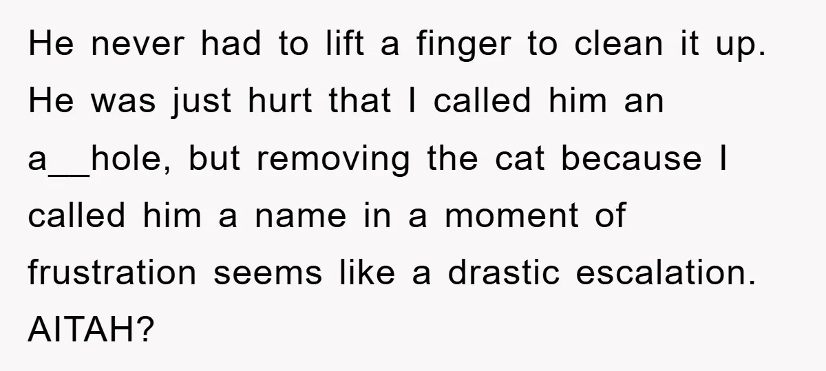 He never had to lift a finger to clean it up. He was just hurt that I called him an a__hole, but removing the cat because I called him a...