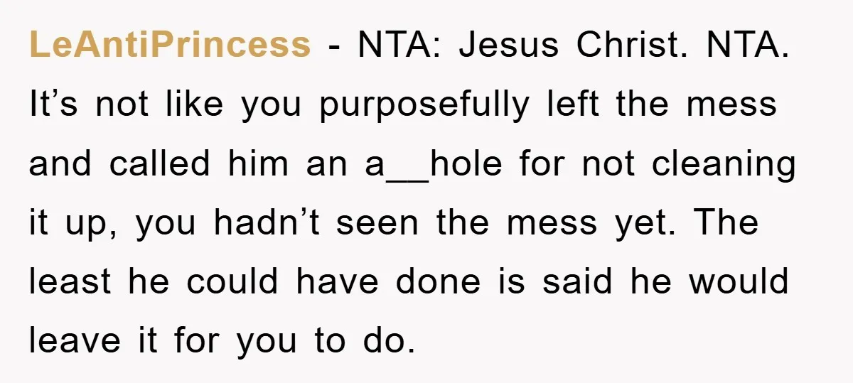 LeAntiPrincess - NTA: Jesus Christ. NTA. It’s not like you purposefully left the mess and called him an a__hole for not cleaning it up, you hadn’t seen the mess yet....