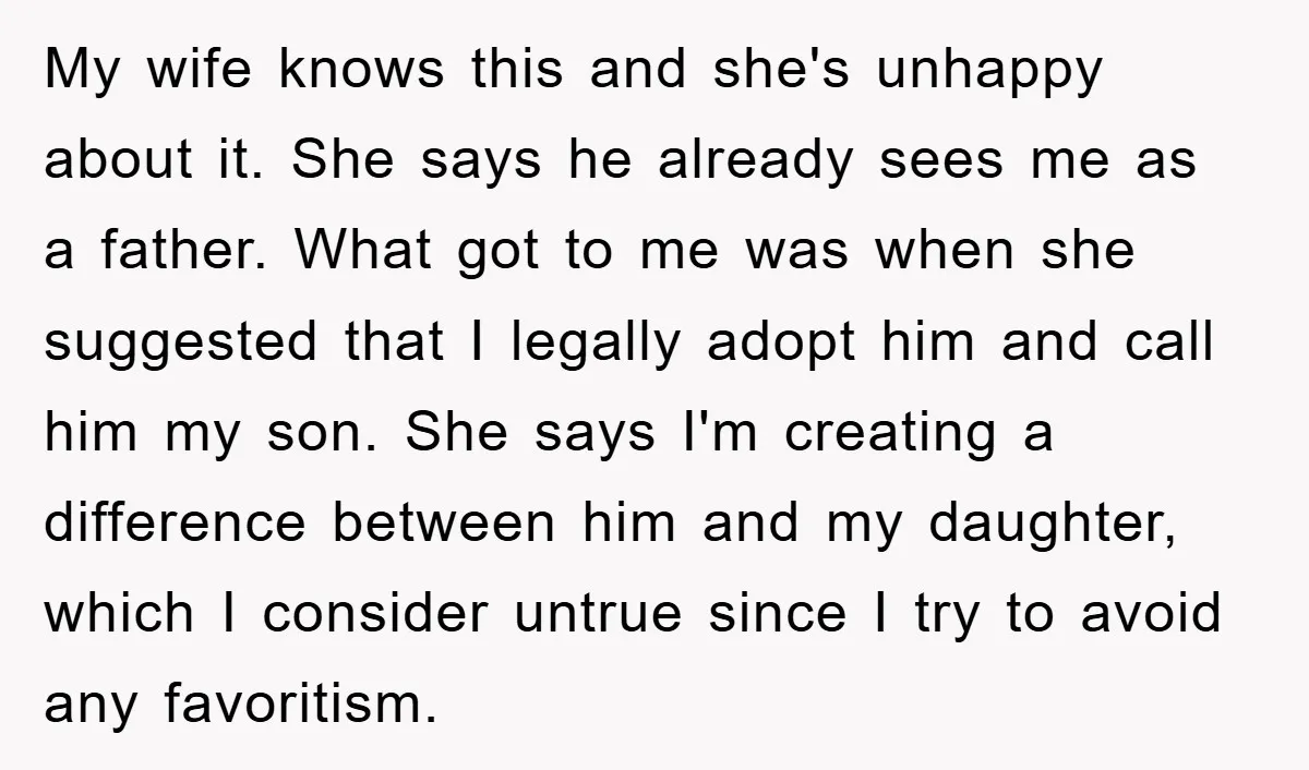 My wife knows this and she's unhappy about it. She says he already sees me as a father. What got to me was when she suggested that I legally adopt...